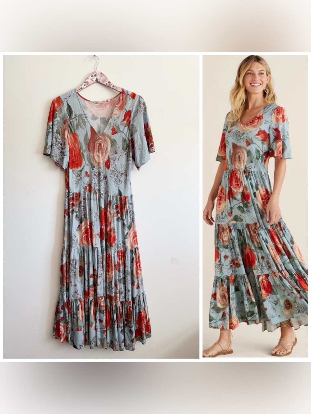 SOFT SURROUNDINGS First Blooms Dress Floral Porcelain Rose L Large Blue